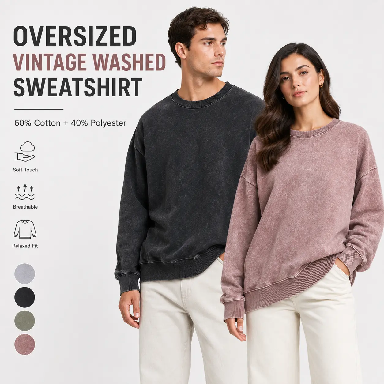 Oversized Vintage Washed Crewneck Sweatshirt for Men Women, Unisex Baggy Pullover with Hidden Pockets, Soft Casual Streetwear Sweatshirt, Fall Winter Everyday Fashion Top