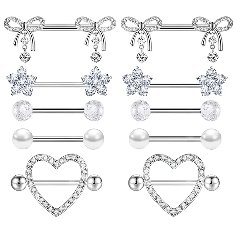 10Pcs 14g Stainless Steel Nipple piercing jewelry for women heart flower bow nipple rings tongue ring barbell stud pink silver dangly nipplerings body piercing jewelry pireced