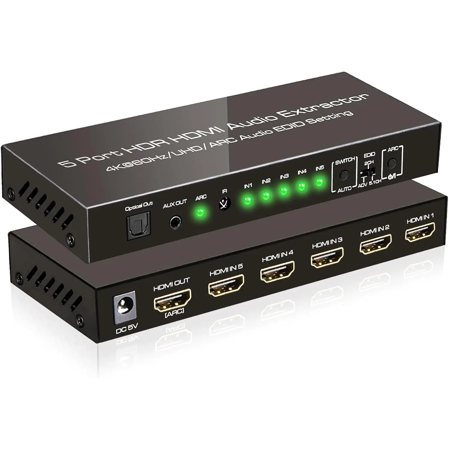 4K@60Hz HDMI  Audio Extractor Converter, 5 in 1 Out HDMI Switcher with Optical & 3.5mm AUX Audio Output, Support HDCP 2.2, HDR10, 18Gbps, ARC