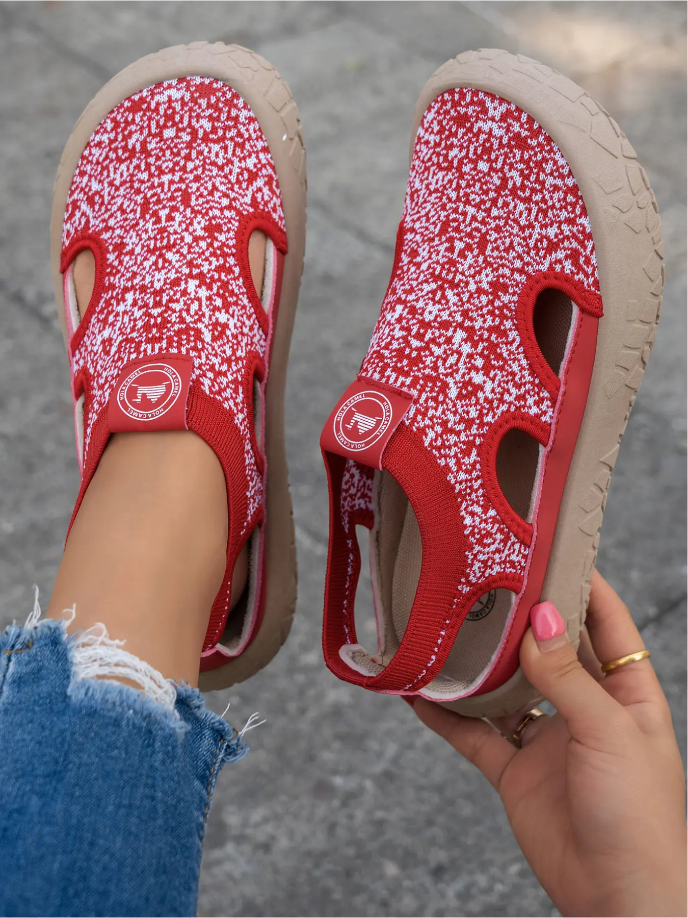 Women's Flyknit Laced Breathable Casual Shoes with Thick Soles, Anti-Slip One-Piece Slippers, Summer Outerwear Toe Holes Available in Multiple Colors, Casual Flat Rubber Sandals, Breathable Summer Footwear