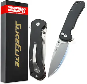 SliceElite Coyote EDC Knife 3.5 Inch D2 Steel Drop Point Blade Black Micarta Handle Button Lock Stainless Steel Pocket Clip Lightweight Folding Knife for Everyday Carry Camping Hunting Outdoor Use