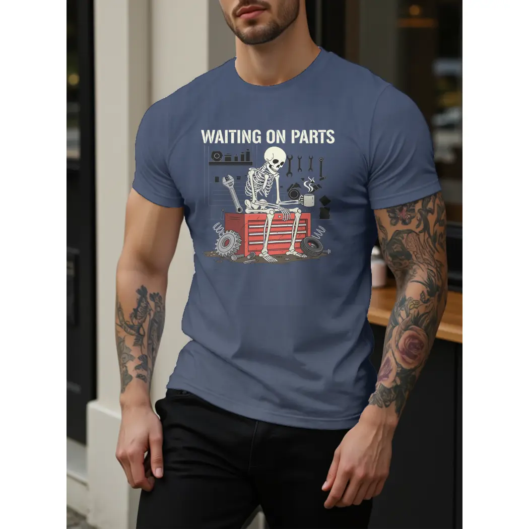 Men Summer Short Sleeve Crew Neck Crop Top Waiting On Parts Funny Skeleton Auto Mechanic Technician T-Shirt