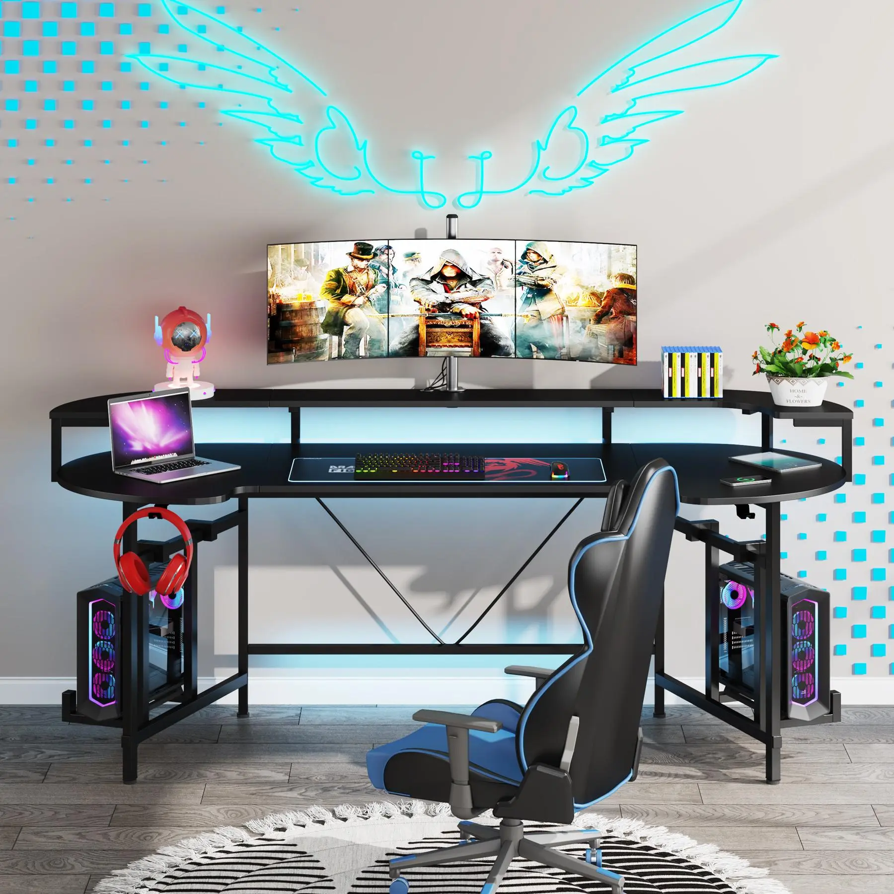 TRIBEWOOD 75 Inch Gaming Desk with Monitor Shelf, Large PC Computer Desk with LED Lights, Gaming Table Gamer Desk for Bedroom, Home Office
