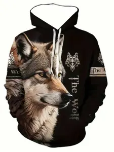 Men's 3D Wolf Print Casual Parka Long Sleeve, Drawstring Hooded, Kangaroo Pocket, Fashion Pattern Jacket, Lightweight Breathable Spring Fall, Graphic Hoodies
