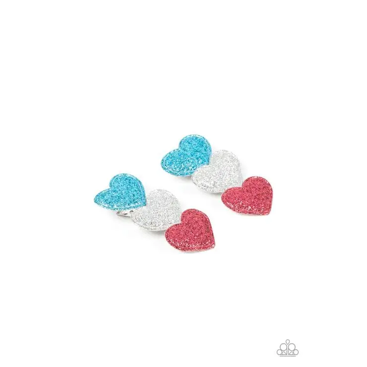 Female Sparkly Glamorous Hair Clips, Flirtatious Puffy Stacked Heart Centerpiece Design in Blue/Pink/Silver - Casual 2-Piece Set for Women & Girls