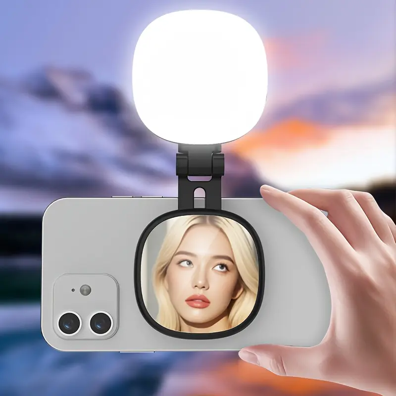1pc Multifunctional Folding Selfie Mirror, HD Mirror Surface Multi-Angle Rotation Portable Fill Light Beauty Makeup Mirror with Stand, Desktop Standing Travel Home Dorm Beauty Tool, PC Round Live Streaming Light, USB Rechargeable Phone Fill Light