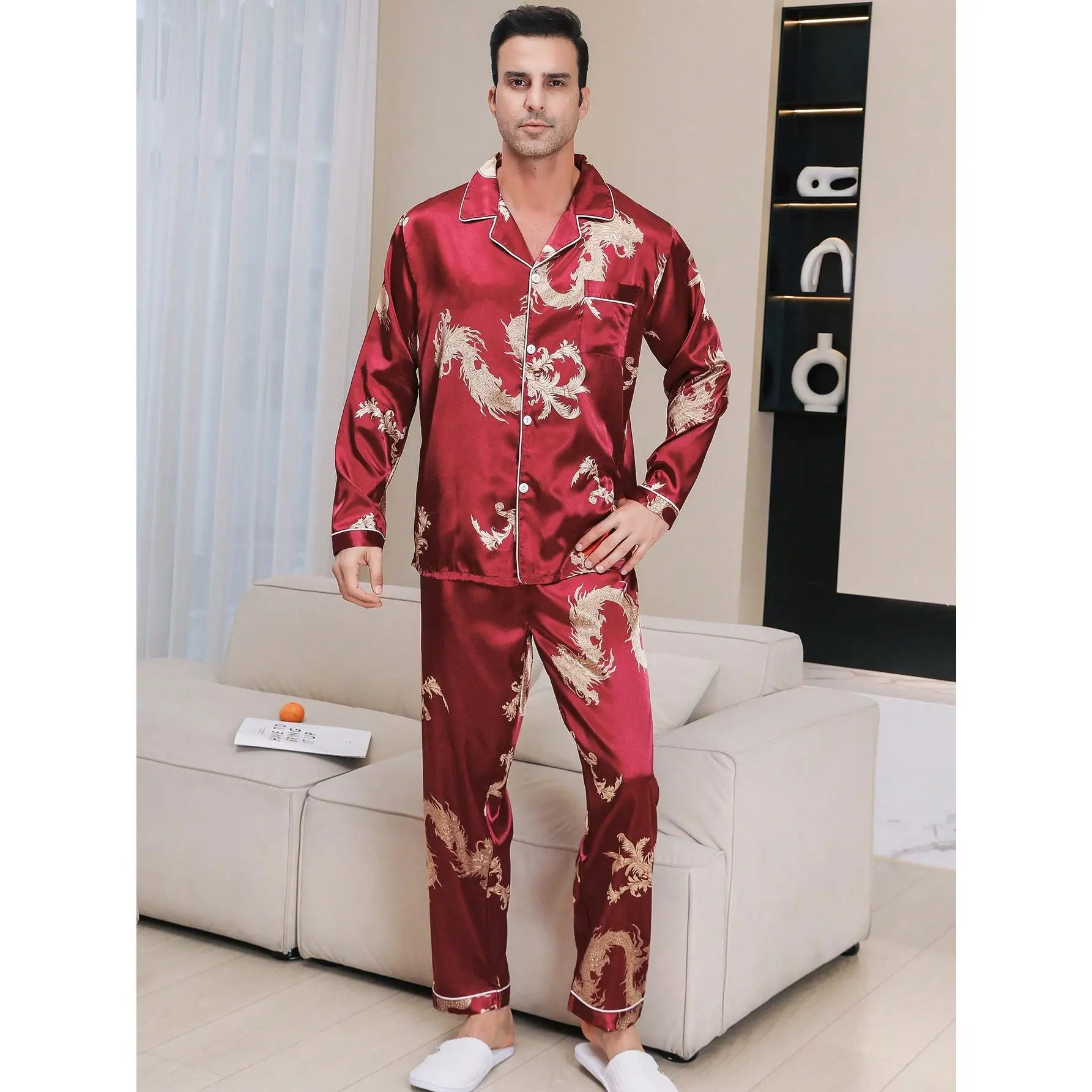 Men's 2-Piece Satin Classic Nightwear Set, Gold Dragon Print Edging Long-Sleeved Pocket Top & Long Pants Menswear Pyjamas with Premium Fabric