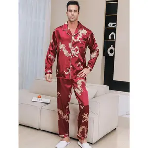 Two Pieces Sets Men's Satin Gold Dragon Print Edging Long Sleeved Pocket Top With Long Pants Pajama Set