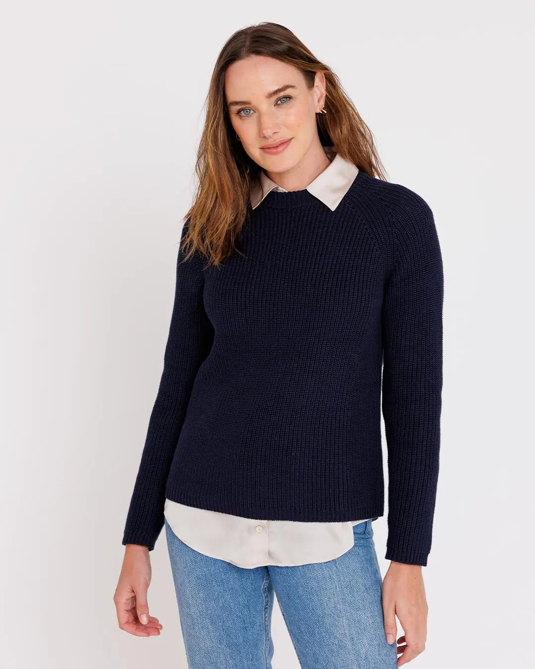 Ladies Fisherman Crew Sweater in Navy - order size down, runs large