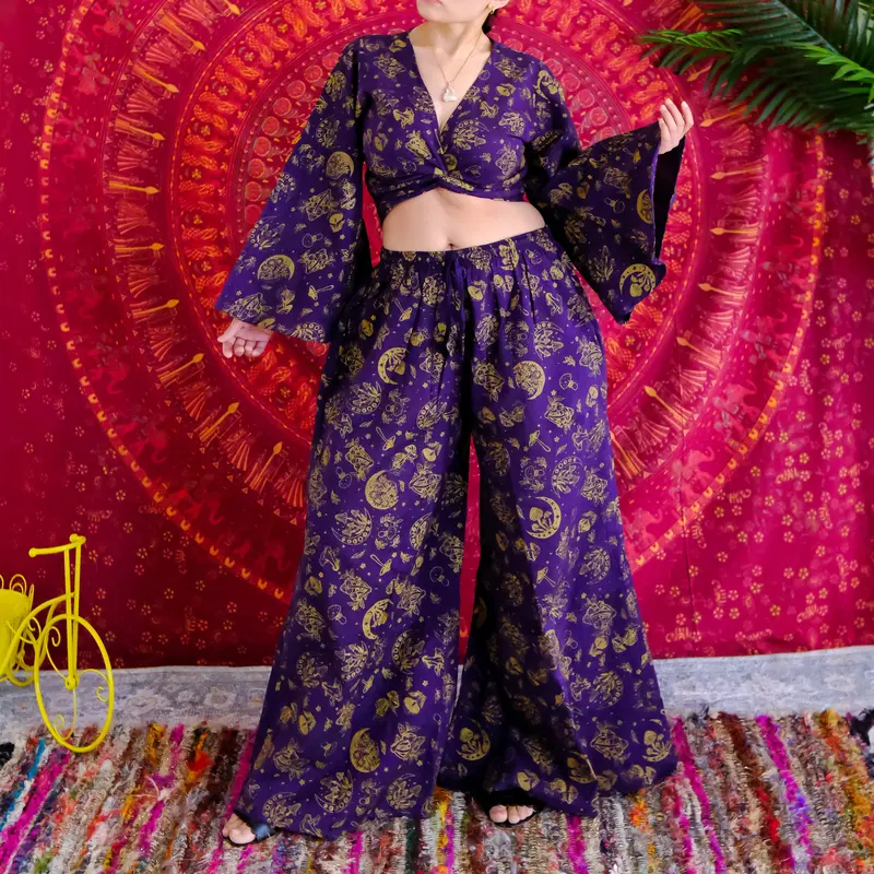 Women's Boho 2-Piece Clothing Set - Mushroom/Celestial Print Wide Leg Pants, Flare Sleeve Wrap Top (US50" Bust), Lightweight Cotton, 90s Aesthetic, Pockets, Plus Size Inclusive, Festival Outfit, Boho Clothes, Alternative Clothing Women, All Seasons