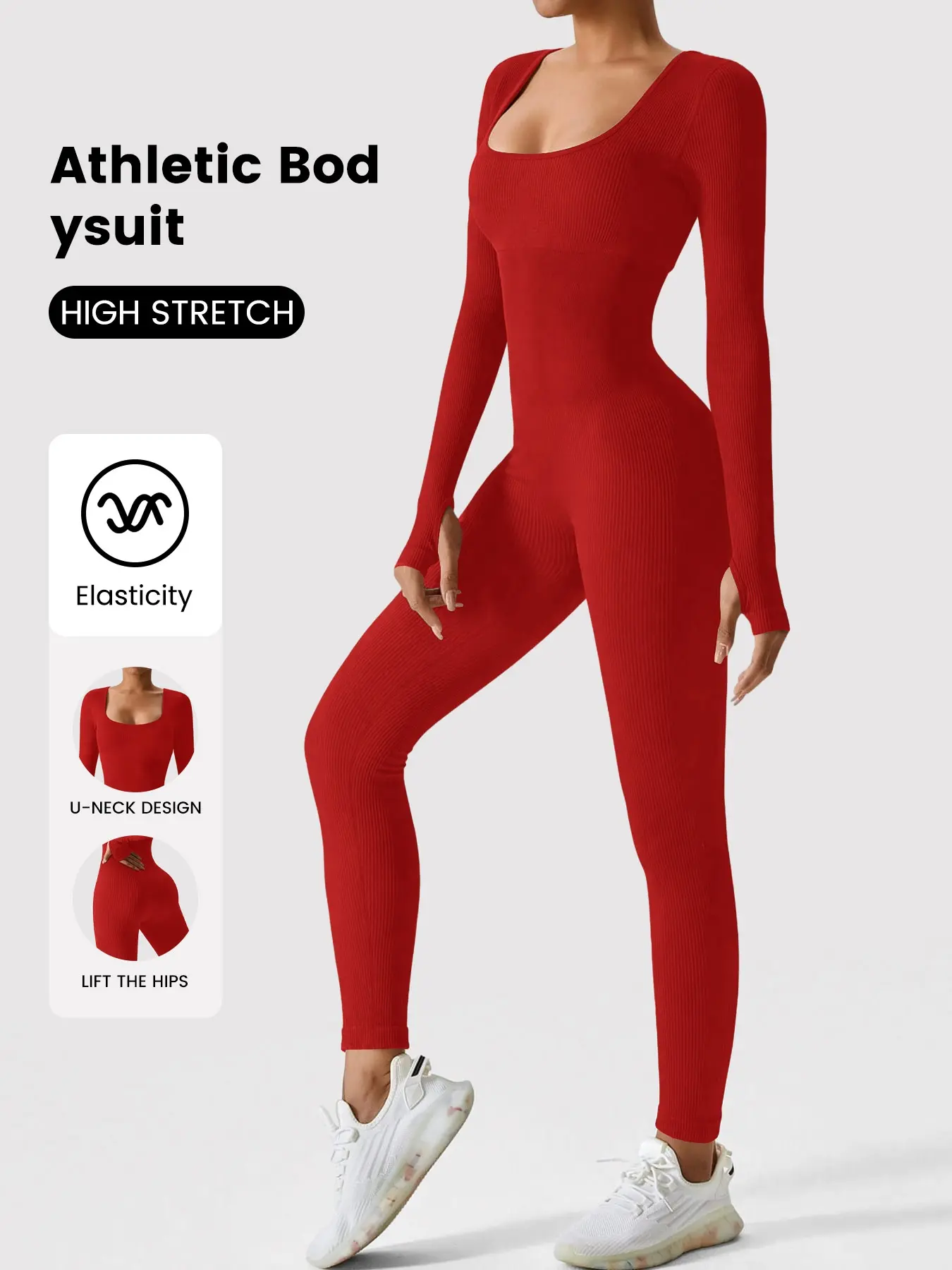 Women's U-Neck Long Sleeve Yoga Jumpsuit, Seamless One-Piece Pants, Casual Fashion for All Seasons, Fitness Running Sportswear