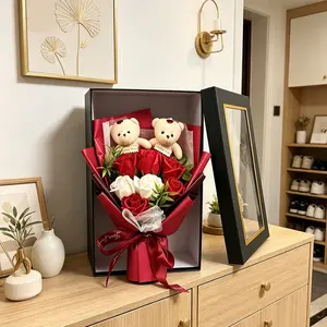 Romantic Bear Holding Rose Bouquet Gift Box Set, High-Quality Mother's Day Present for Mom, Beautiful Lasting Artificial Fake Flowers, Artificial Bouquets