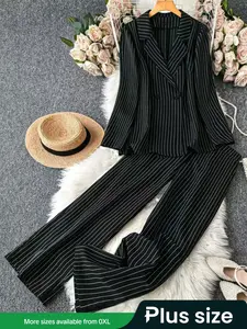 Elegant Plus Size Women's Striped Woven Blazer Suit Set, High Waist Fitted Design, Perfect for Business & Office Wear, Stylish Workwear