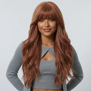 Org-24 Inch Ginger Brown Long Wavy Wig with Fringe, Machine Made Synthetic Wig for Daily Wear, Glueless & Beginner Friendly