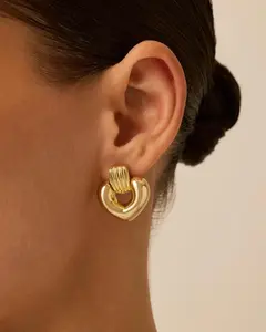14K Gold Plated Chunky Dangle Heart Shape Earrings for Women | Trendy Geometric Drop Statement Earrings | Jewelry Gifts, Bold Earrings