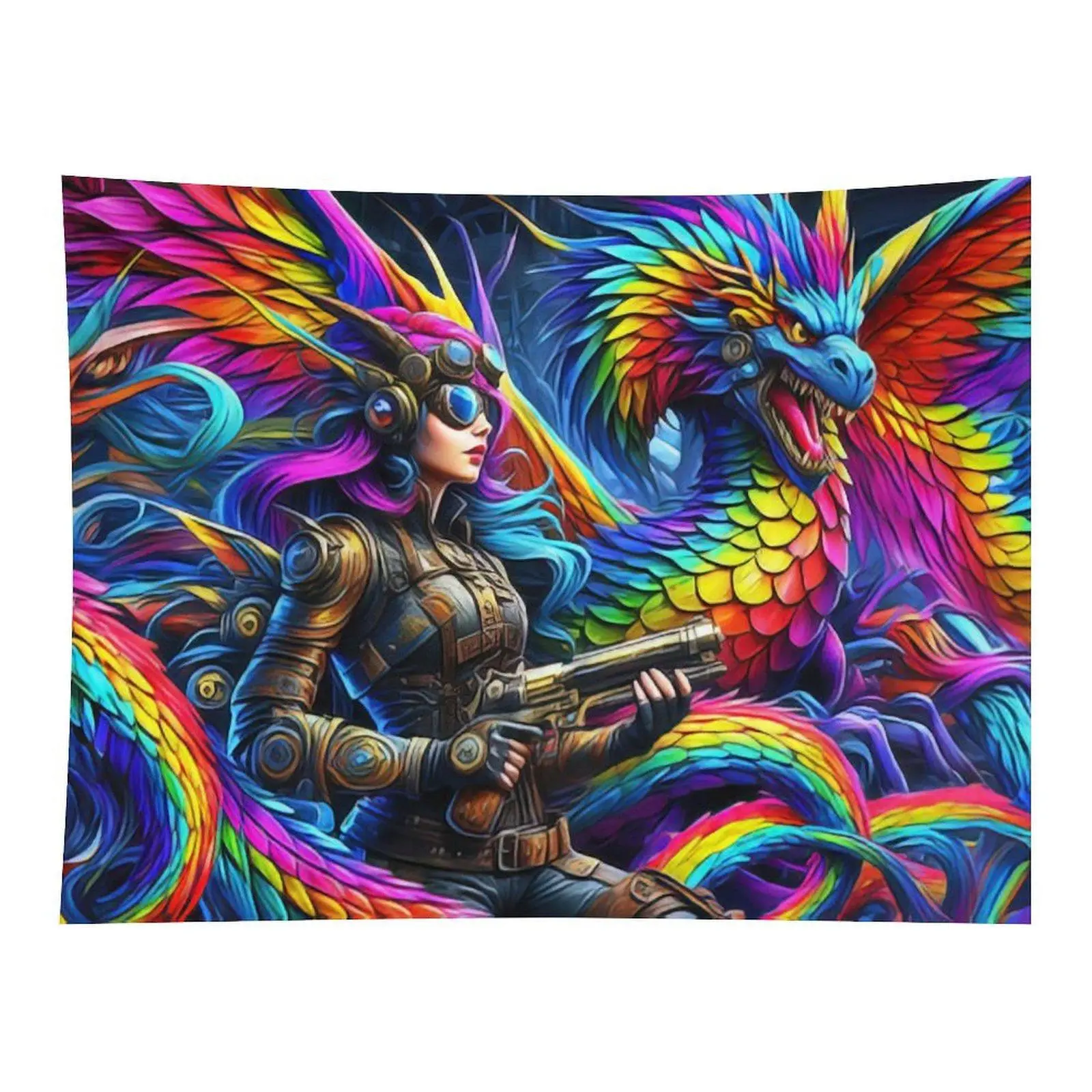 Vibrant Steampunk Warrior Lady With Colorful Feathered Dragon Fantasy Psychedelic Bold Coloring Wall Tapestry Art