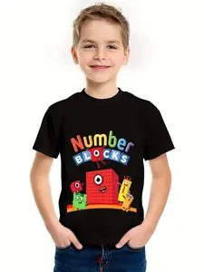 Boys' Number Blocks Colorful Graphic T-Shirt - Cartoon Characters, Cheerful Design, Playful Style for Casual Attire & Playtime (3-13Y) [Cartoon Design Boys' T-Shirts]