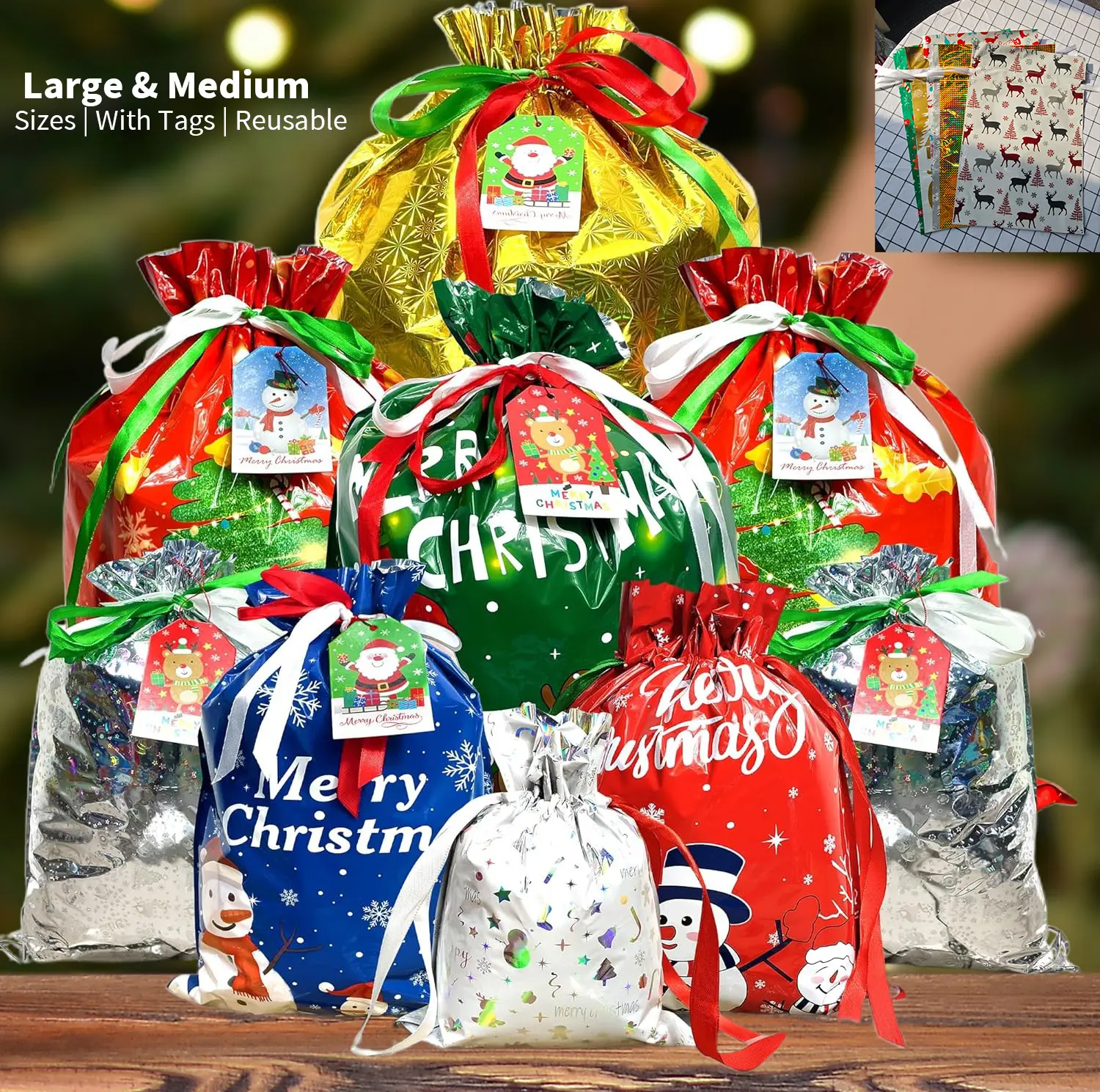 25pcs Christmas Gift Bags with Tags, Drawstring Gift Bags, Reusable Christmas Wrapping Bags, Large & Medium Goody Bags, Bulk Holiday Gift Bags for Xmas Presents, Party Favors, Kids Gifts, Santa & Snowflake