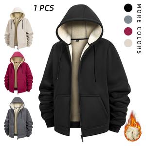 Men's Casual Windproof Fleece Hoodie Jacket Winter Warm Adjustable Drawstring Hooded Coat with Ribbed Cuffs Zipper Closure for Outdoor Hiking Jogging Fishing Gym Workouts or Casual Wear