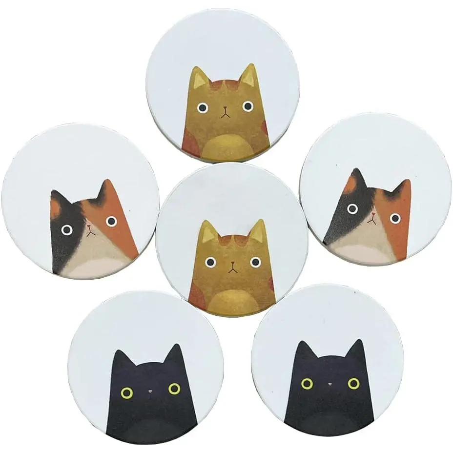 6-Piece Cute Cat Ceramic Coasters with Heatproof Wood Combination, Home Supplies for Cup and Mug Tabletop Protection, Ideal for Coffee Tables, Office Desks, Six Pieces