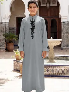 Moroccan Style Boy Stand Collar Jubba Robe, Dark Blue Main Body Curly Leaf Embroidery, Festival Banquet Formal Wear