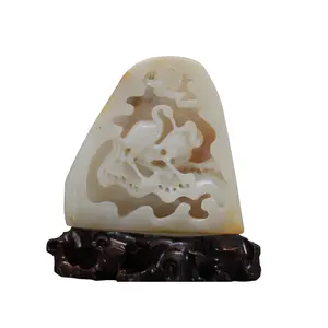 Natural White Hetian Jade Statue - Hand-Carved Crane and Pine Tree Mountain Sculpture - Symbolic Mutton-Fat Jade Amulet for Longevity and Peace - 295g Artisan Desktop Decor w/ Display Base