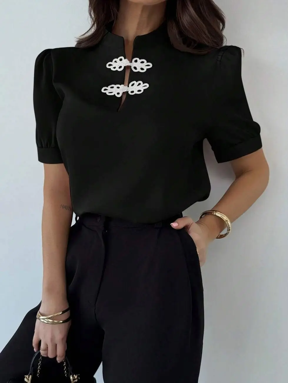 Sequin Puff Sleeve Blouse, Retro Fringe Button-Up Party Office Shirt