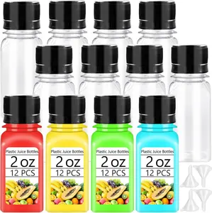 12 Pcs 2oz Small Shot Bottles with Black Caps,Plastic Ginger Shots Containers with 4 Funnels,Clear Empty Plastic Juice Bottles for Juice, Milk and Other Beverages