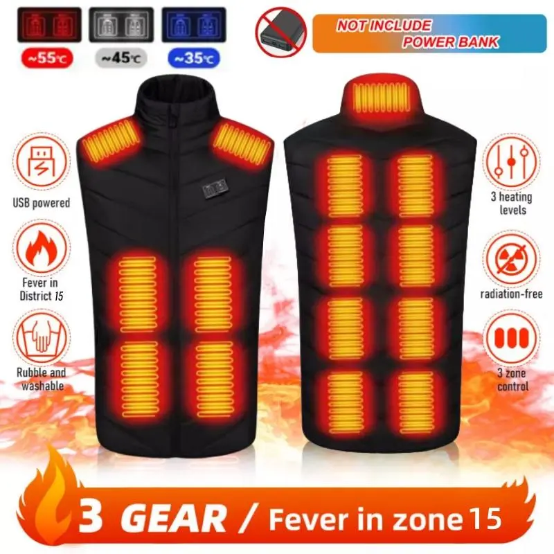 Men's Unisex Quilted Heated Waistcoat - USB Powered, Intelligent Heating, 15 Warming Zones, 1 Min Fast Heat, Water-Resistant Polyester Blend, Back Fever Zone, Rounded Neck, Multi-Size, Keep Warm Prevent Cold Winter Casual Gilet
