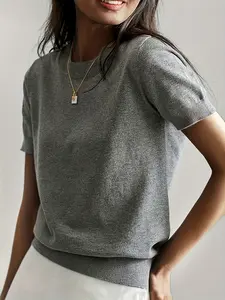 Women's Short Sleeve Knit Sweater T-Shirt - Elegant Crewneck Pullover Top, Lightweight Core-Spun Yarn Soft Knitwear, Casual Summer Short Sleeve Blouse for Work & Daily Wear