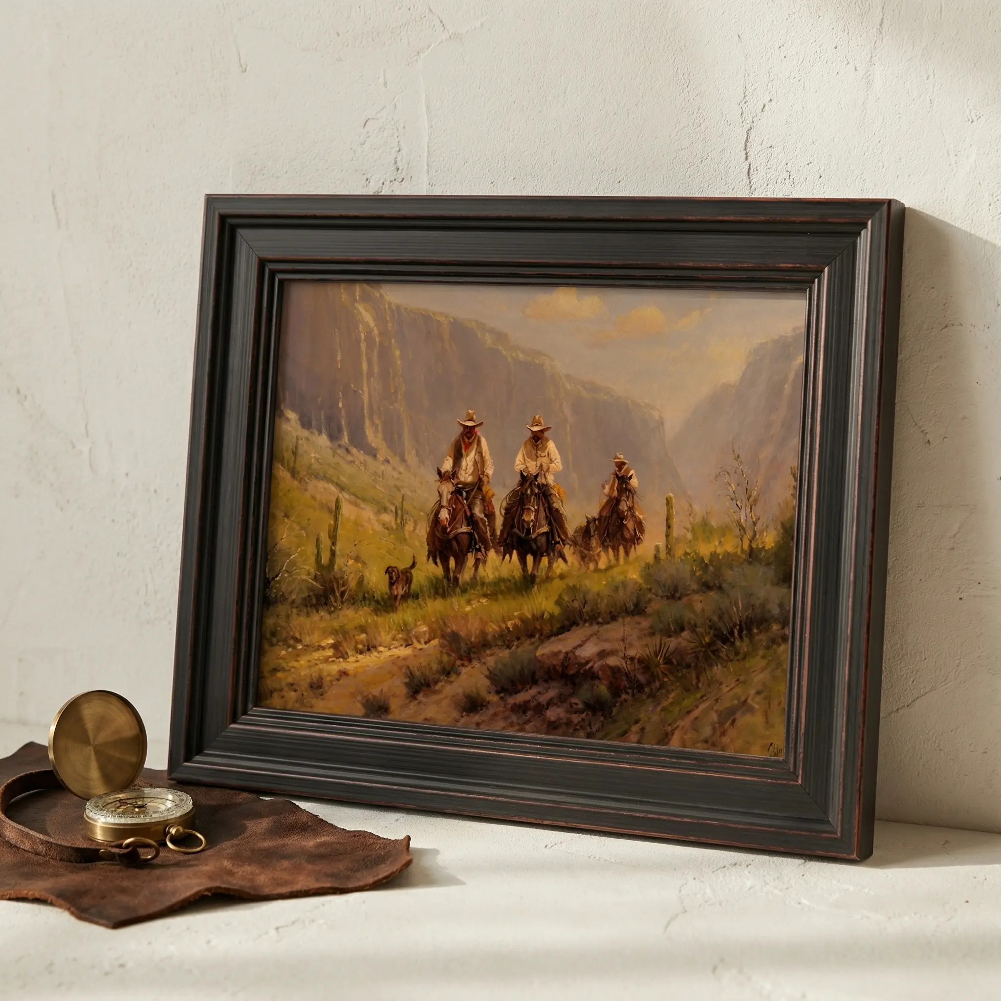 Framed Canvas Wall Art - Western Frontier Cowboy Landscape Print, Rustic Desert Horseback Riders Scene, Vintage Decorative Home Art for Living Rooms, Dining Room, Bathroom, Garage