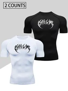 2PCS Men's Quick-Dry Compression Fitness T-Shirt Set, High Stretch Moisture-Wicking Sports, Breathable Gym Top, Casual Print, All Seasons, Lightweight Compression Sportswear