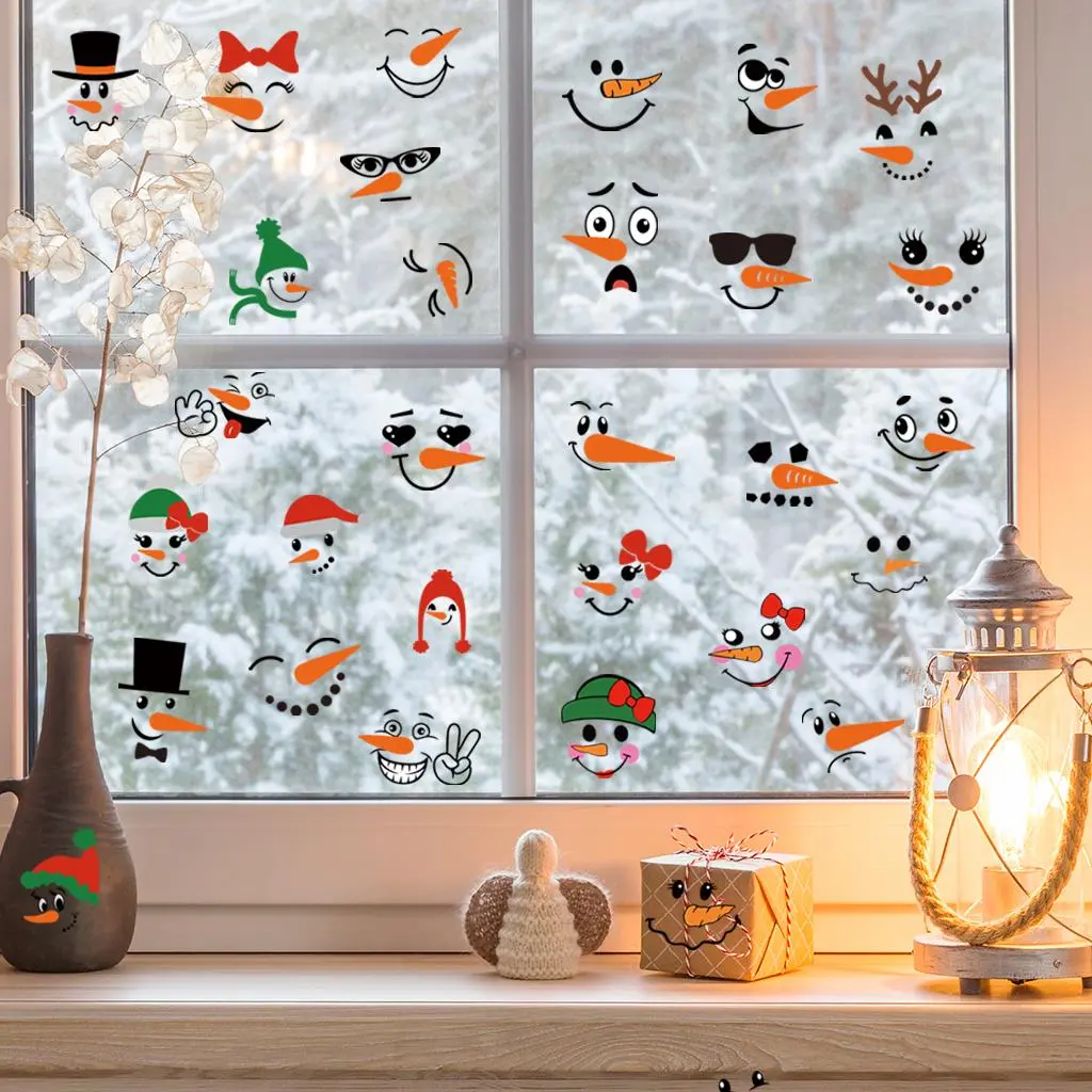 Snowman Face Pattern Window Sticker, 1 Set DIY Vinyl Sticker, Water Bottle Decorative Sticker, Refrigerator Window Adsorption Decoration