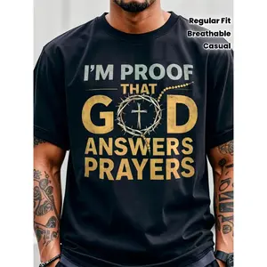 Men'S Christian T-Shirt  I Am the Proof of God'S Response to Prayer    Golden Letters and Crown Cross Design, Ultra Soft Breathable Blend Fabric, White and Black Round Neck Short Sleeve, Suitable.png