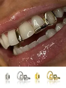 2Pcs Fashionable Hollow Copper Grillz Set, 14k Gold Plated Hip Hop Teeth Jewelry for Women, Teeth Cover Girls, Perfect for Music Festivals, Parties, Role-Playing