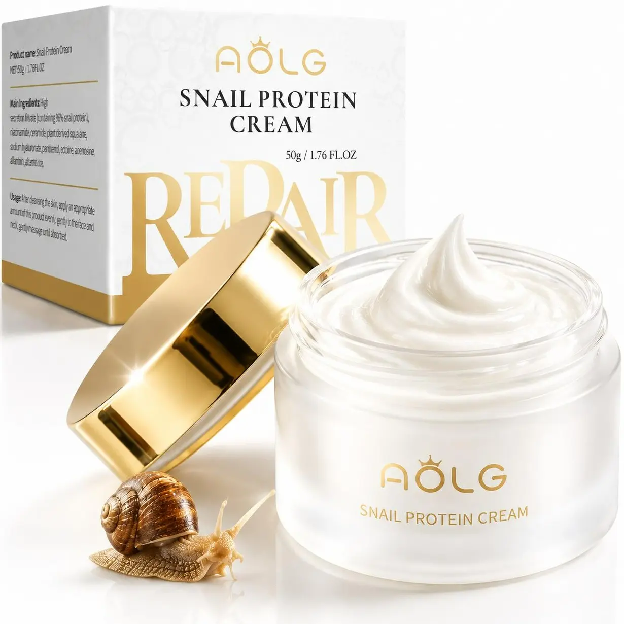 AOLG 98% Snail Mucin Gel Cream, Hydrating Face Moisturizer with Hyaluronic Acid for Sensitive Skin, Gentle Anti-Wrinkle & Repairing Formula, 1.76oz, Moisture, Cleanser, Hydrate, Skin Repair, Radiant, Daily