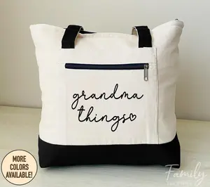 Grandma Things Tote Bag, Personalized Grandma Gift, New Grandma Bag, Zippered Tote Bag For Grandma, Two Tone Bag