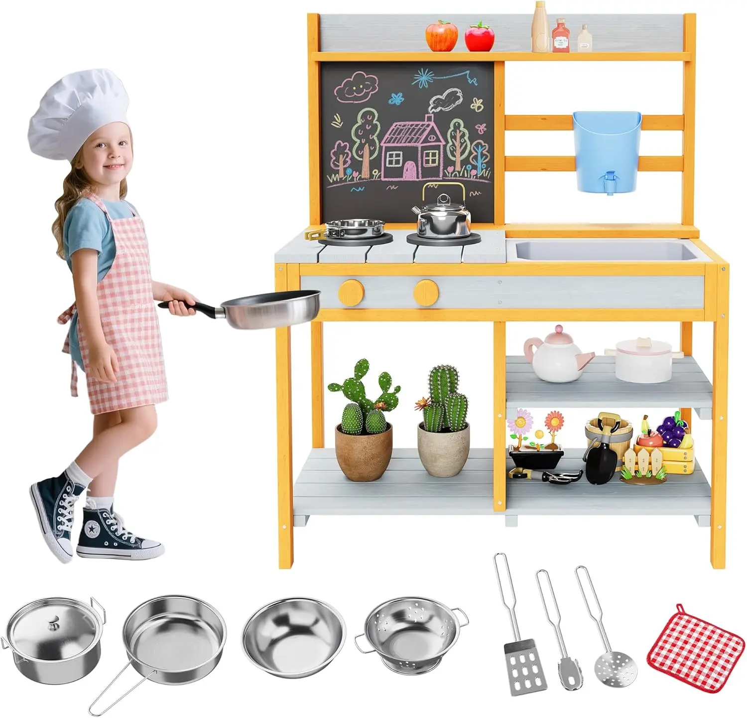 Outdoor Wood Mud Kitchen for Kids, Wooden Play Kitchen w/Removable Sink & Faucet, Dual-Sided Chalkboard, Storage Shelves&Pretend Stove, Fir Wood Backyard Playset for