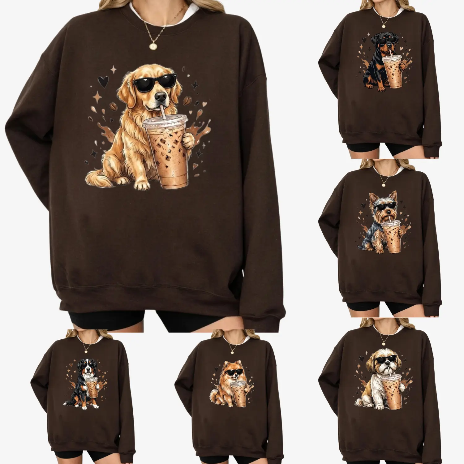 30+ Dog Breeds Funny Coffee Sweatshirt, Cute Iced Coffee Puppy Graphic Crewneck, Cozy Dog Lover Pullover, Casual Fall Winter Gift for Pet Owners Dark Chocolate