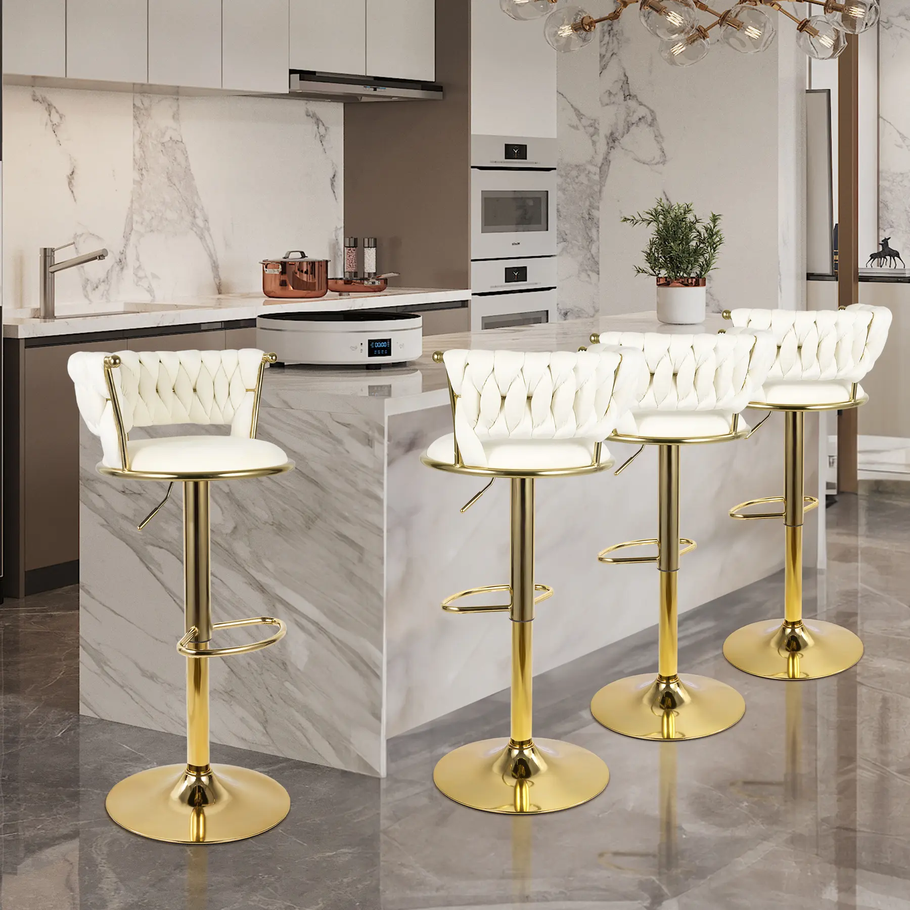 Modern Swivel Woven Velvet Bar Stools set of 4, Stool, 360° Swivel Adjustable Height Bar Stool with Backs Golden Metal Tall Bar Stools Counter Height for Kitchen Island, for Christmas, Festival,,dorm essentials,home decor