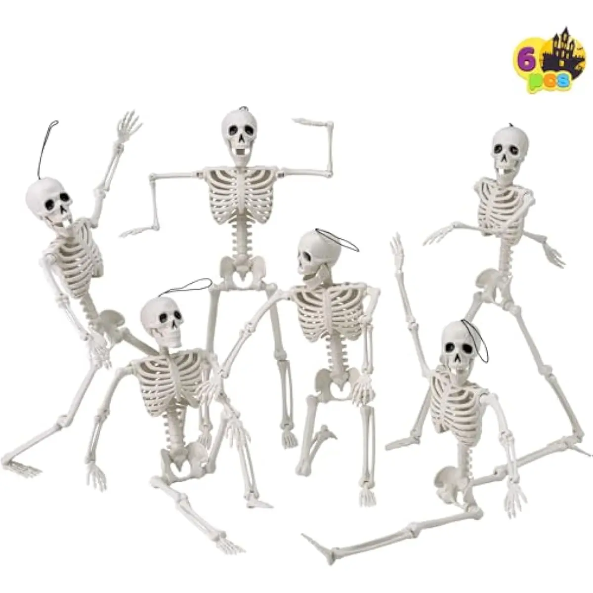 6 PCS 16" Halloween Skeleton Decor, Full Body Posable Movable Joints, Hanging Skeletons for Halloween Decoration Indoor Outdoor, Graveyard Haunted House Prop, Spooky Scene Party Favor