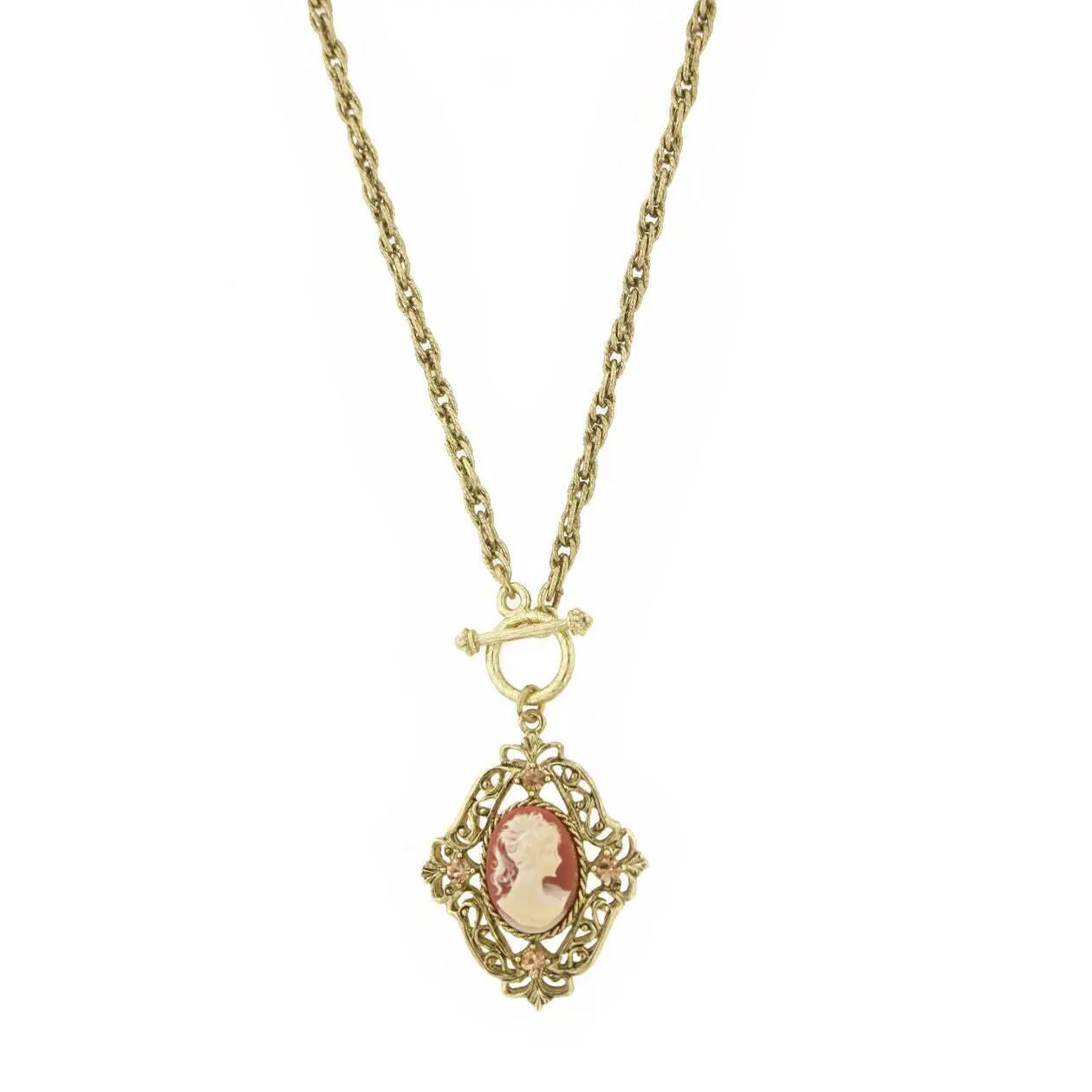 1928 Jewelry Victorian Filigree Crystal Cameo Pendant Necklace 26"