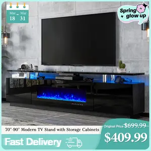 【Ships in 2 Boxes】AMERLIFE 80" TV Stand with 40" Electric Fireplace, Modern Entertainment Center with Open Storage for TVs Up to 90", Black Antique,Best Gift Ideas/Christmas Gifts
