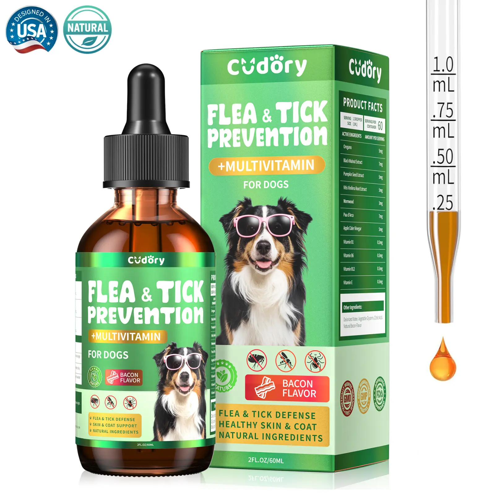 Flea & Tick Support for Dogs with Multivitamins - Dog Flea and Tick Drops with Omega-3 & Fish Oil for Skin & Coat Support All breeds & ages, Bacon Flavor