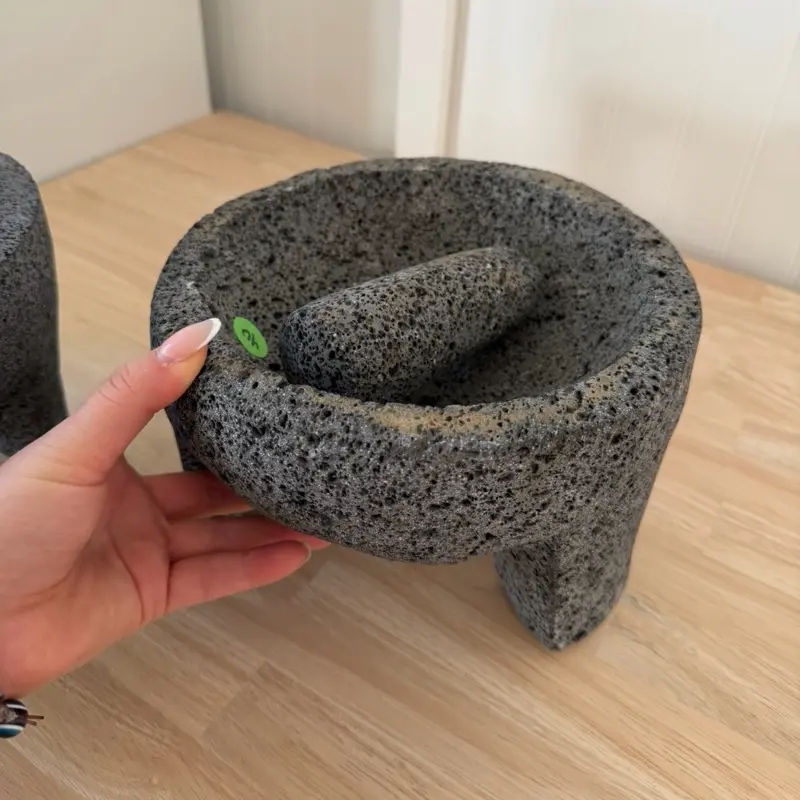 Natural Stone Volcanic Rock Mortar and Pestle Set - Molcajete Mexicano for Culinary Use, Easy Prep of Spices and Pesto, Kitchen Utensil Bowl with Pestle