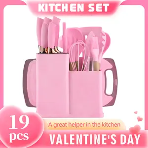 Love atFirst Find19-Piece Kitchen Knife Set with Heat-Resistant Silicone Cutlery & Wooden Handles - Includes Chef Knife, Non-Stick Compatible Tools, Easy to Clean - Ideal Gift for Women on New Year, Valentine's Day and More Cookware Kitchenware White Pink