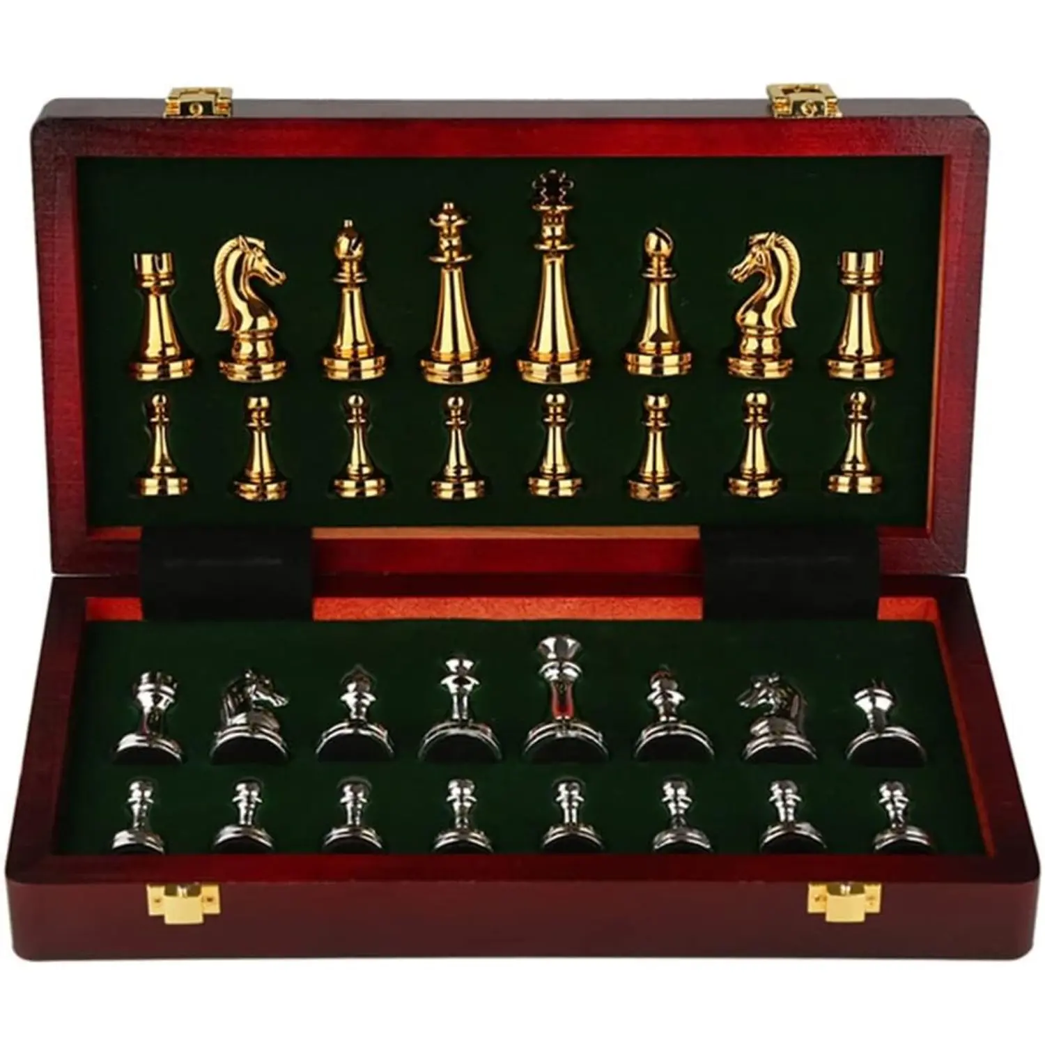 11-Inch Large Deluxe Metal Chess Set - Tabletop Games for Family Night, Portable Wooden Box, Alloy Pieces, Folding Board, Ideal for Adults