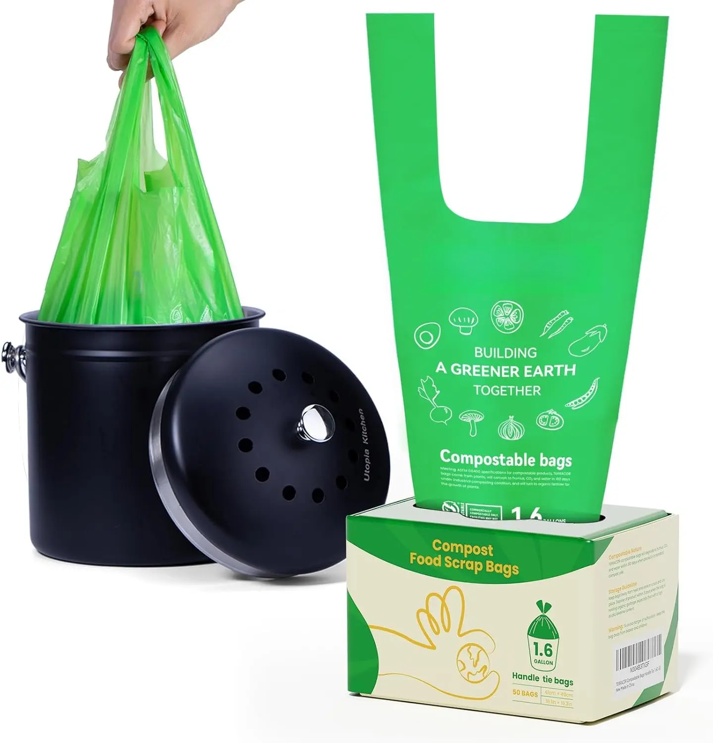 1.6 Gallon Compostable  Scrap Bags Handle Tie for Kitchen Countertop Bin, 6 Liter Small Compost Bags, 50 Count, BPI Certified and Meet The ASTM D6400 Standard