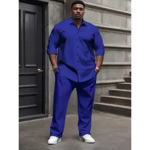 Men's Plus Size Casual Outfit Set - Solid Color, Long Sleeve Button-Up Shirt & Pants with Pockets, Stretch Fabric, Machine Washable, PLUS SIZE