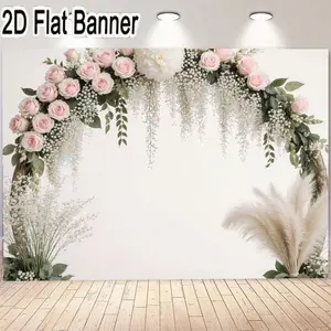2D flat banner, 1pcFloral Wedding Backdrop Arch - Romantic Semi-Circle Decoration with Pink Roses, White Gypsophila, Hydrangeas, and Pampas Grass for Elegant Events, Wedding Ceremony Decor, Photo Booth Backgrounds, Wedding Arched Backdrop